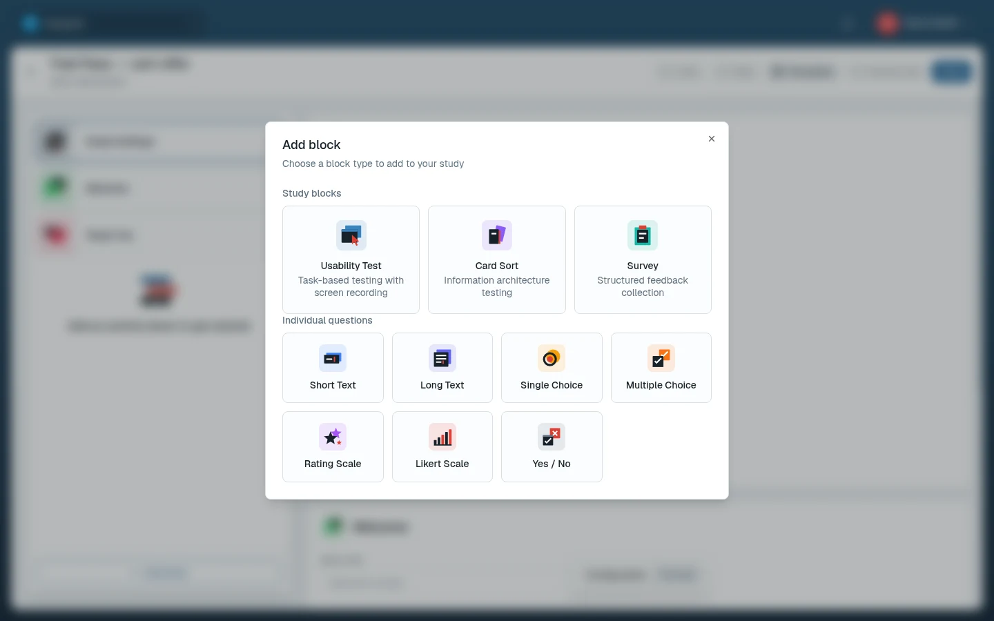 Add block dialog with Study blocks and Individual questions