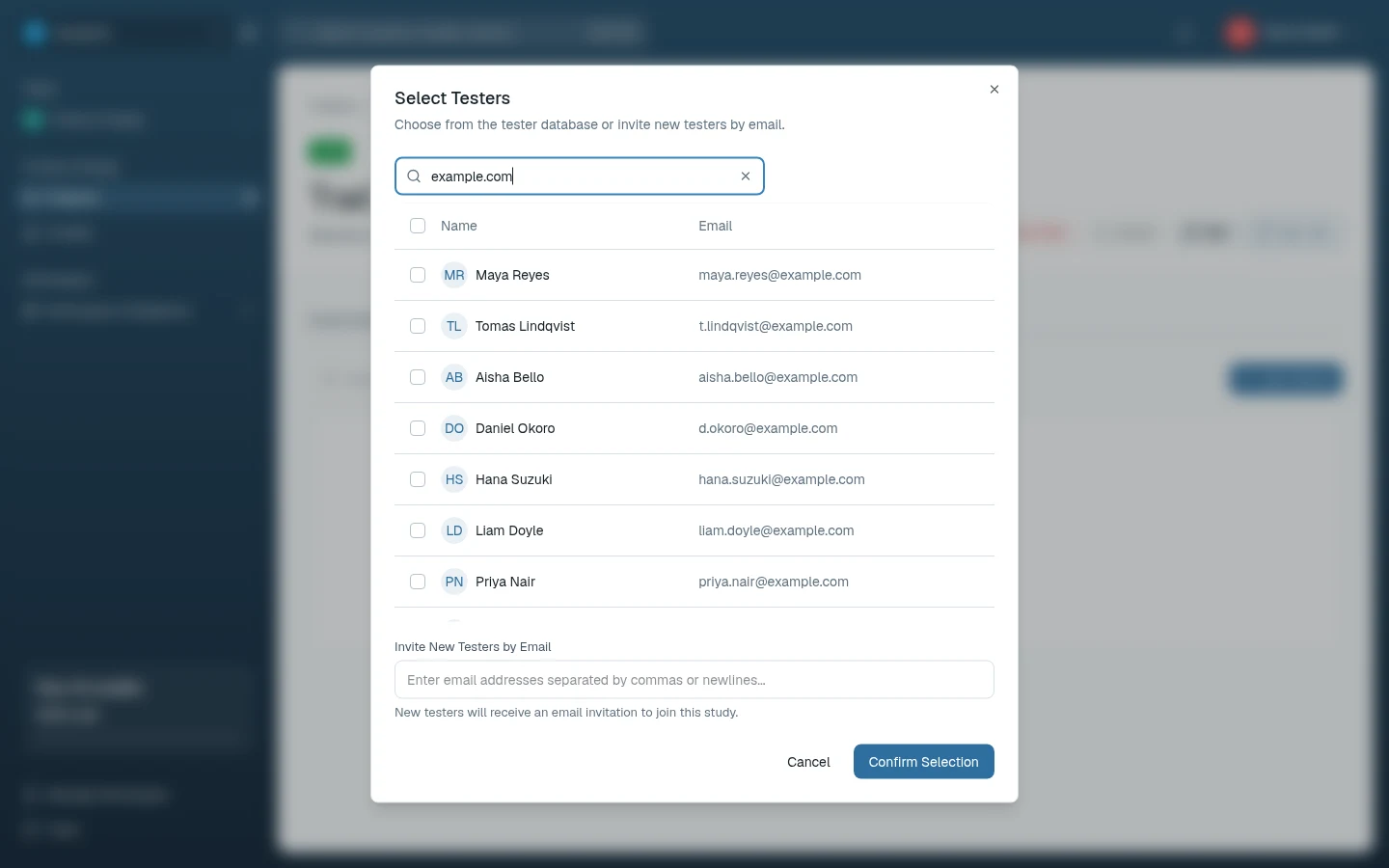 Select Testers dialog