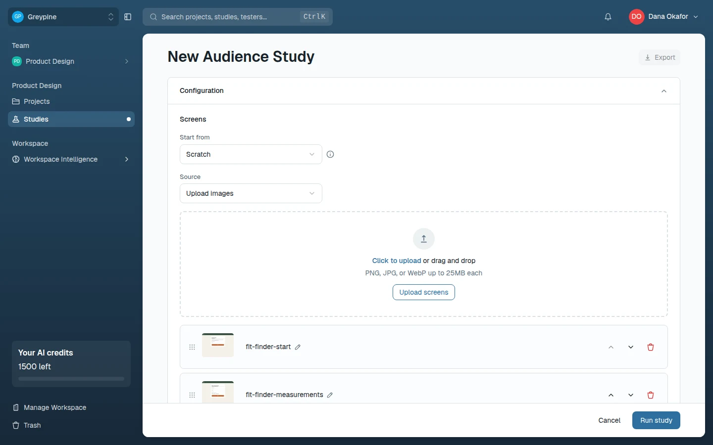 Screens section with the Source picker and added screens