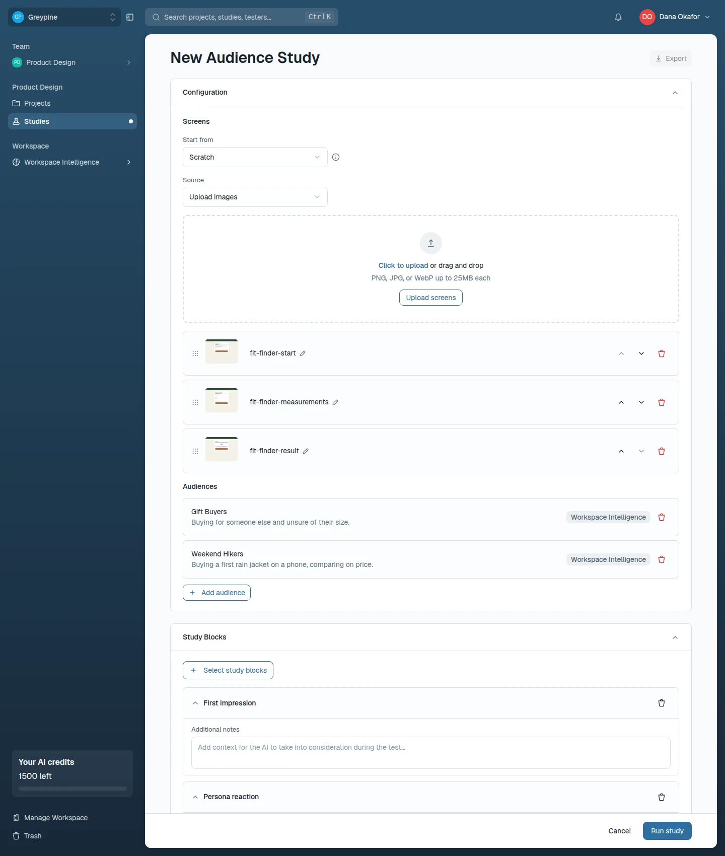 AI study editor with screens, blocks, and audiences