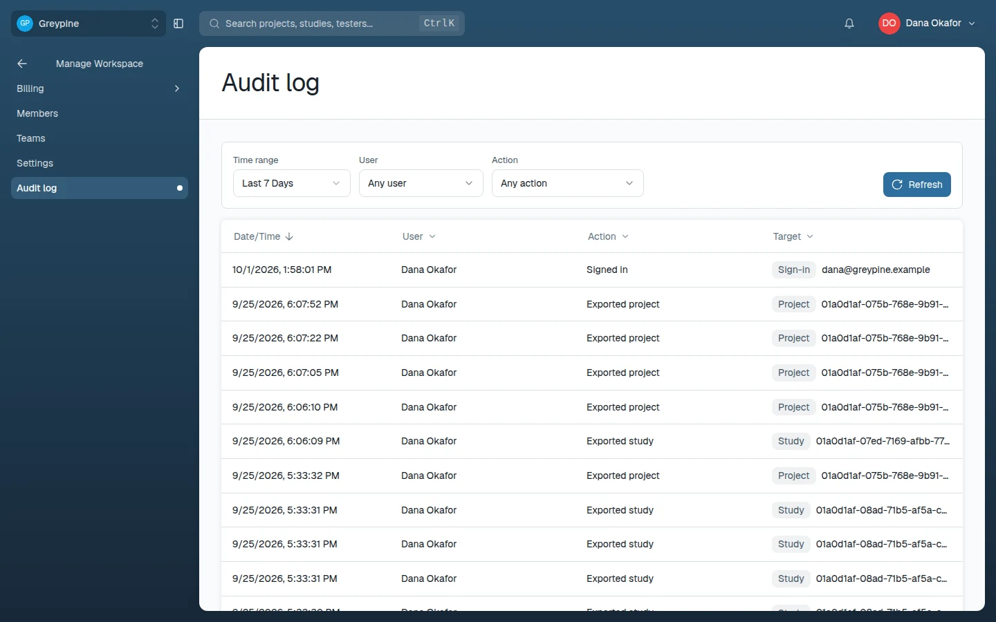 Audit log with filters