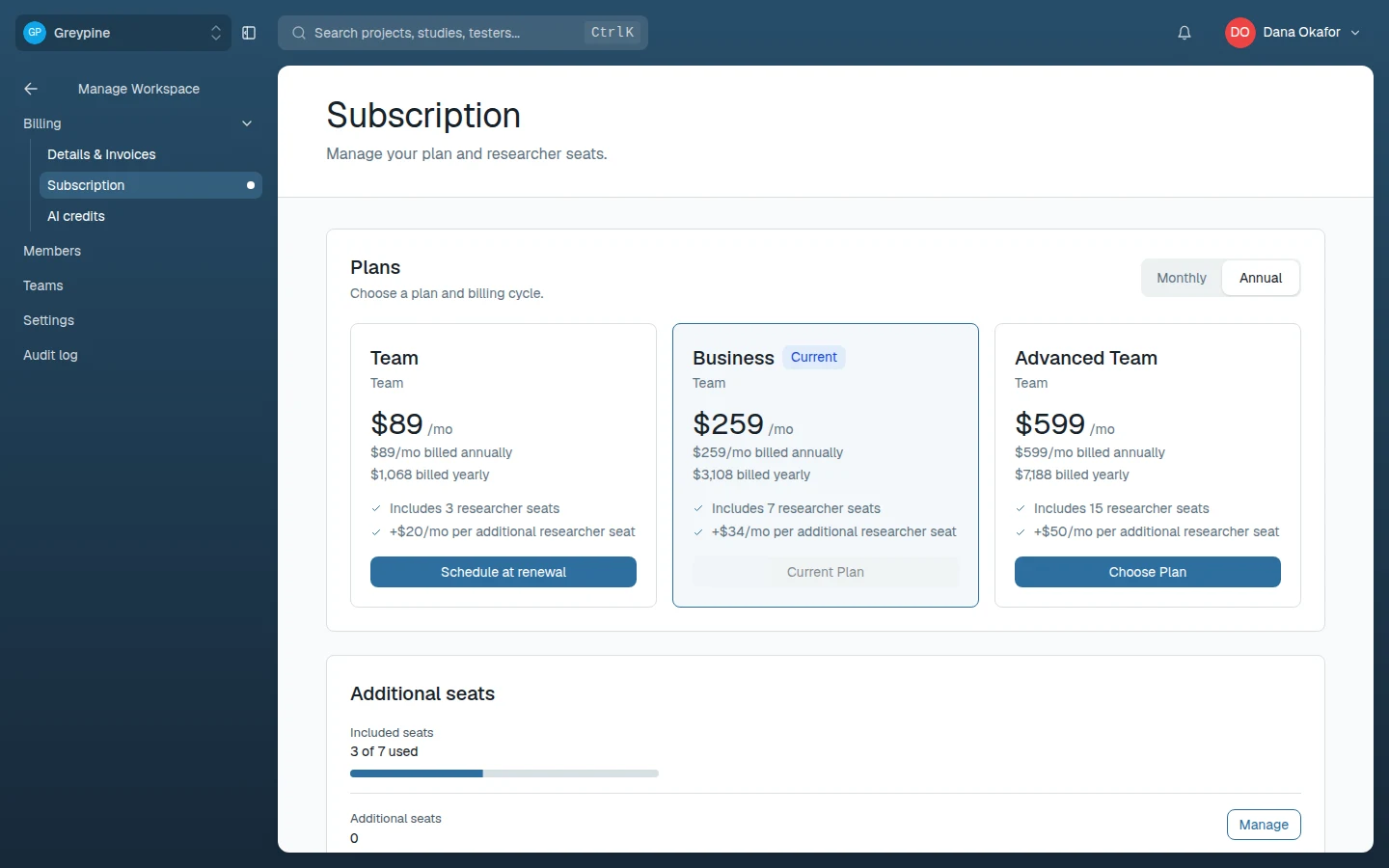 Subscription page with current plan and seat usage