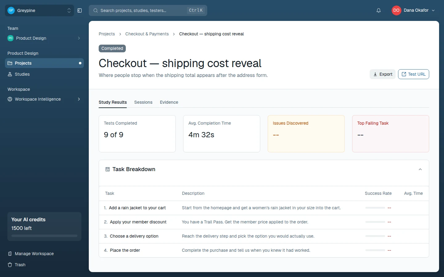 Block results with the task breakdown for a usability test