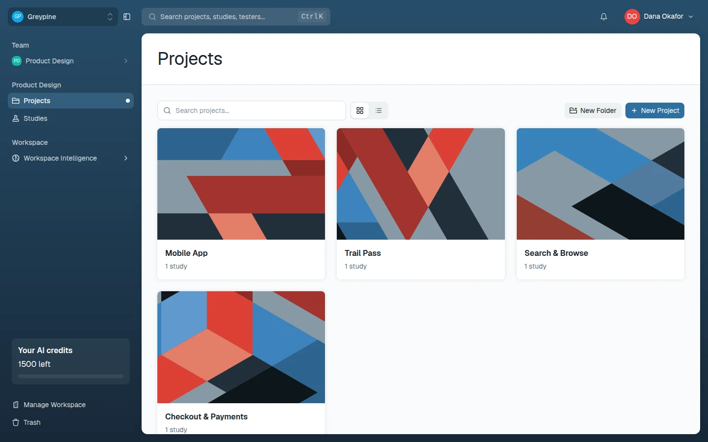 Researcher dashboard with sidebar and project list