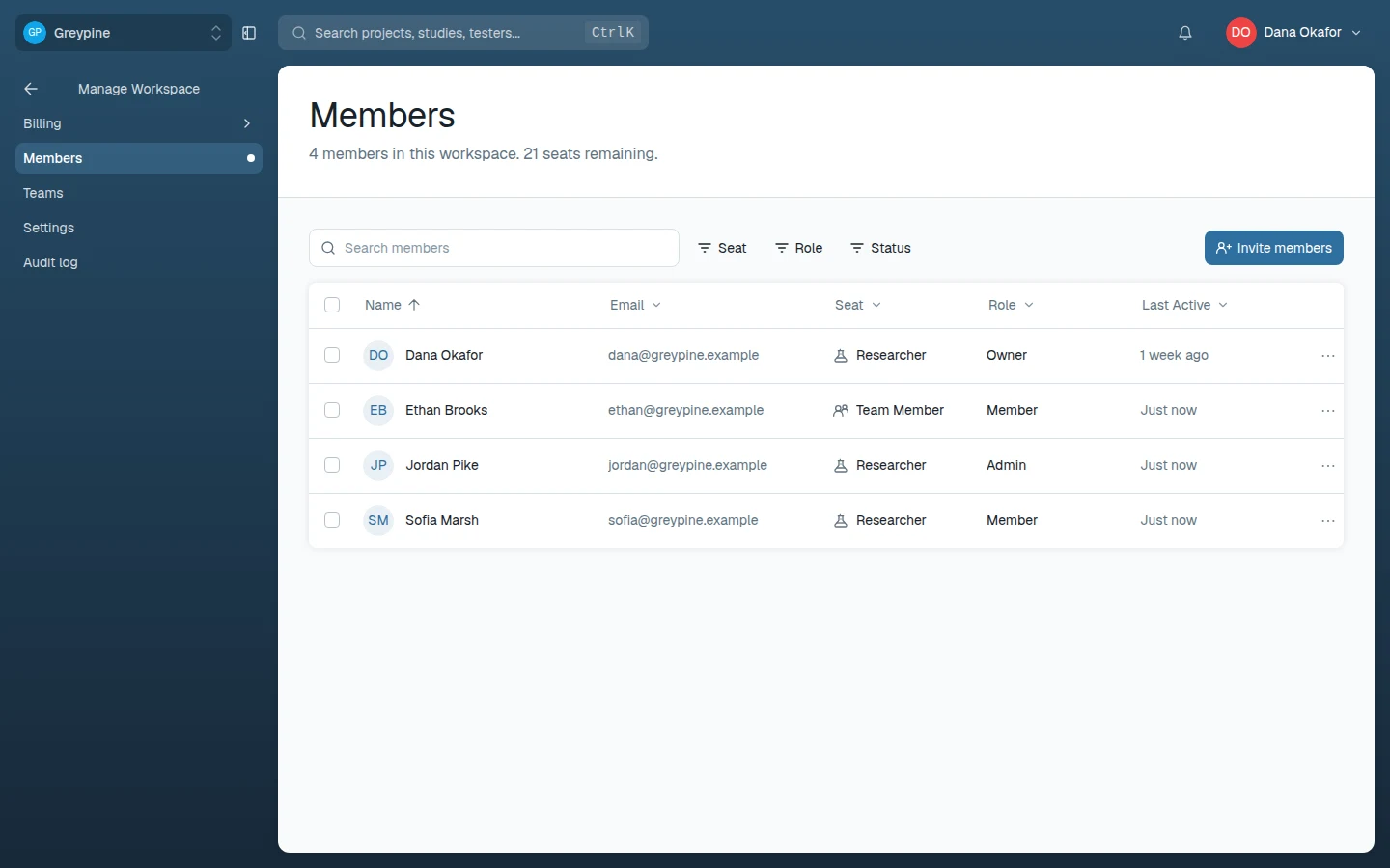 Members page with role management