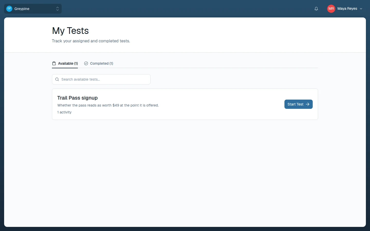 My Tests page with available and completed tabs