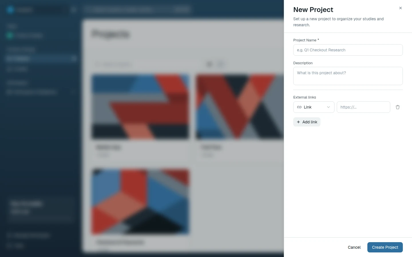 New Project drawer with name, description, and external links