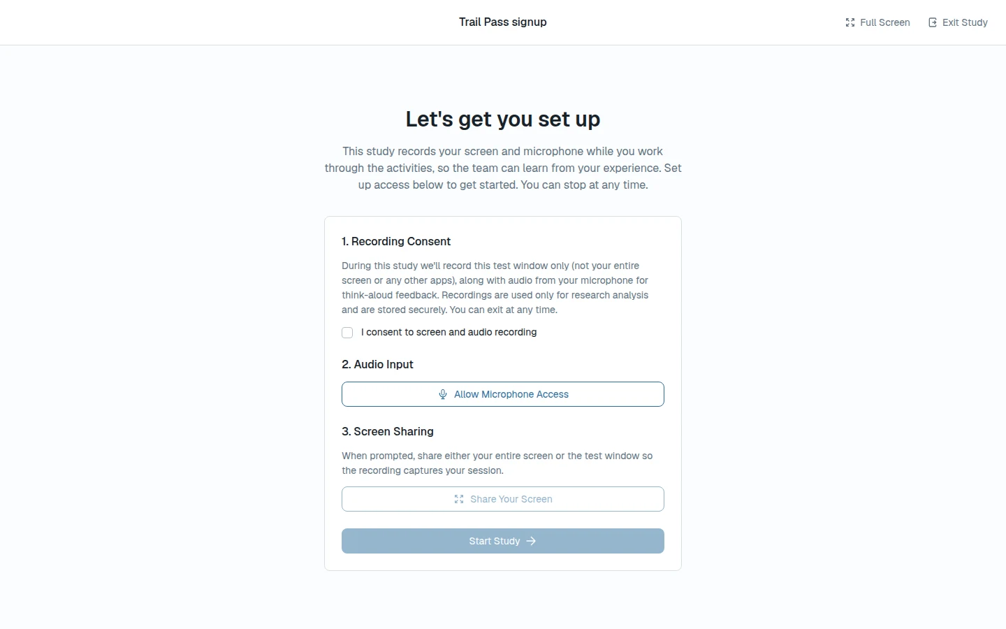 Recording setup with consent checkbox, microphone level meter, and screen sharing