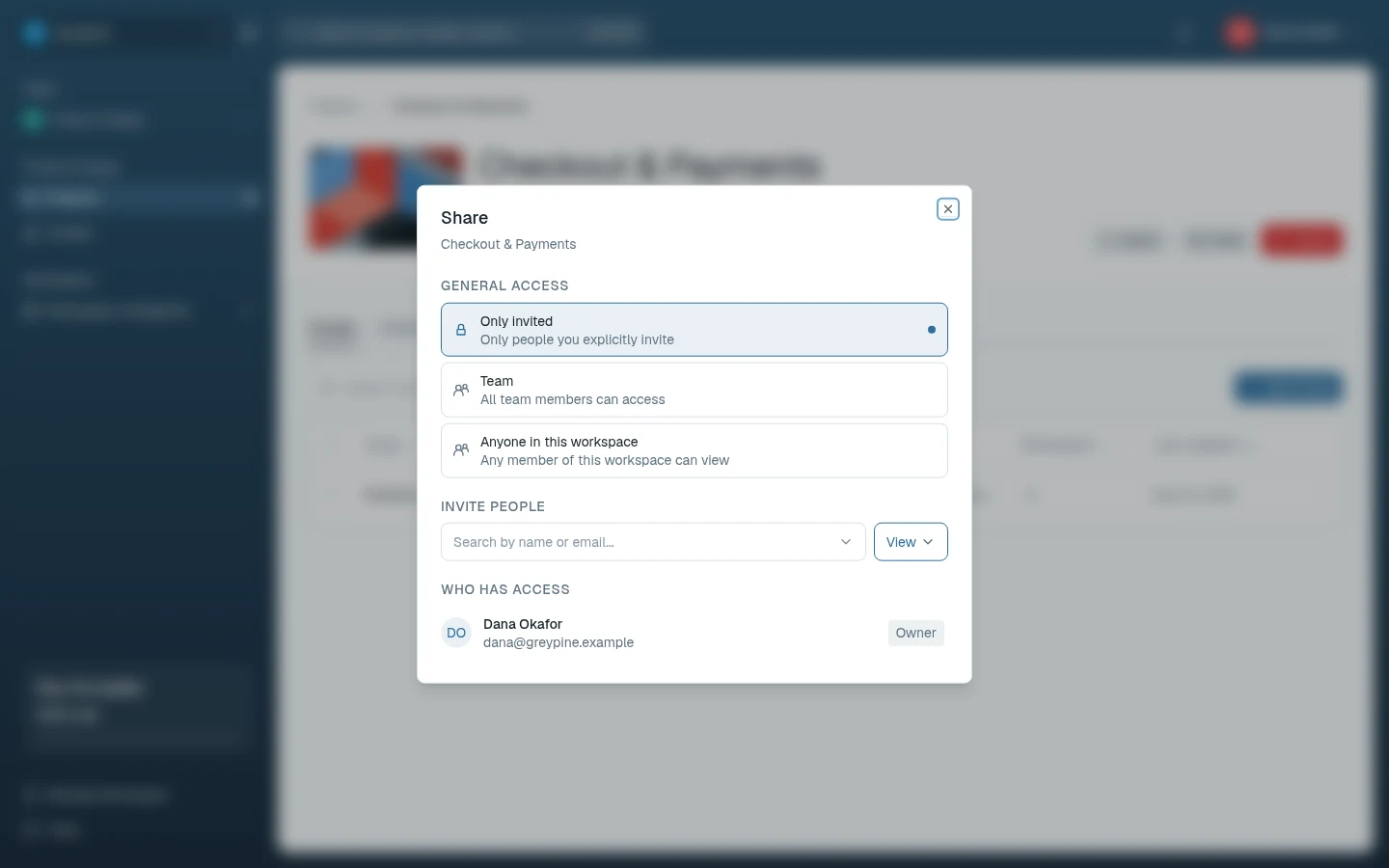 Project share dialog with team and member access rows