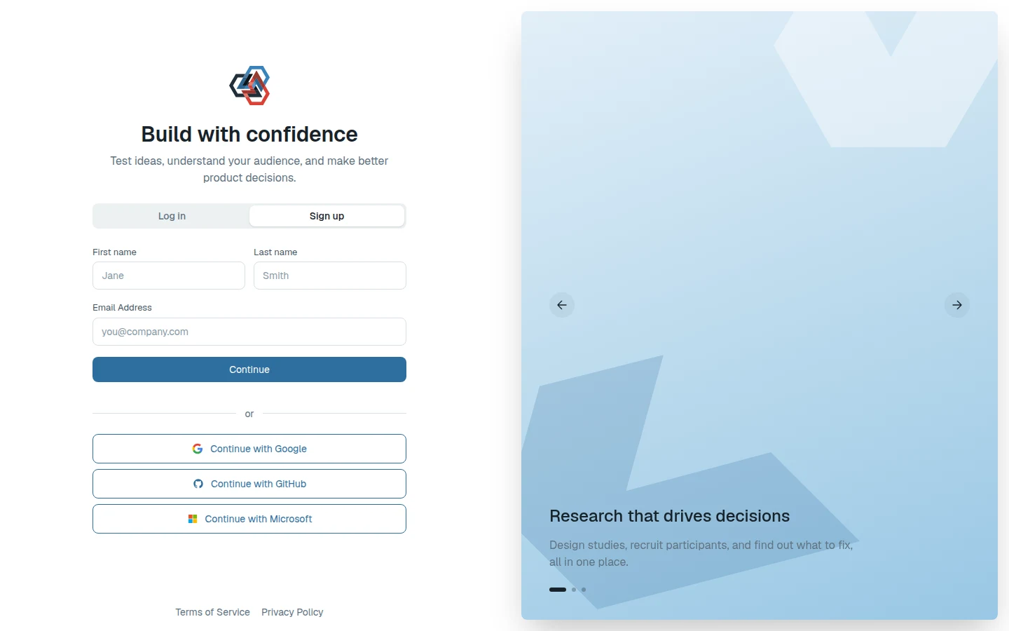 Sign up tab with first name, last name, and email fields