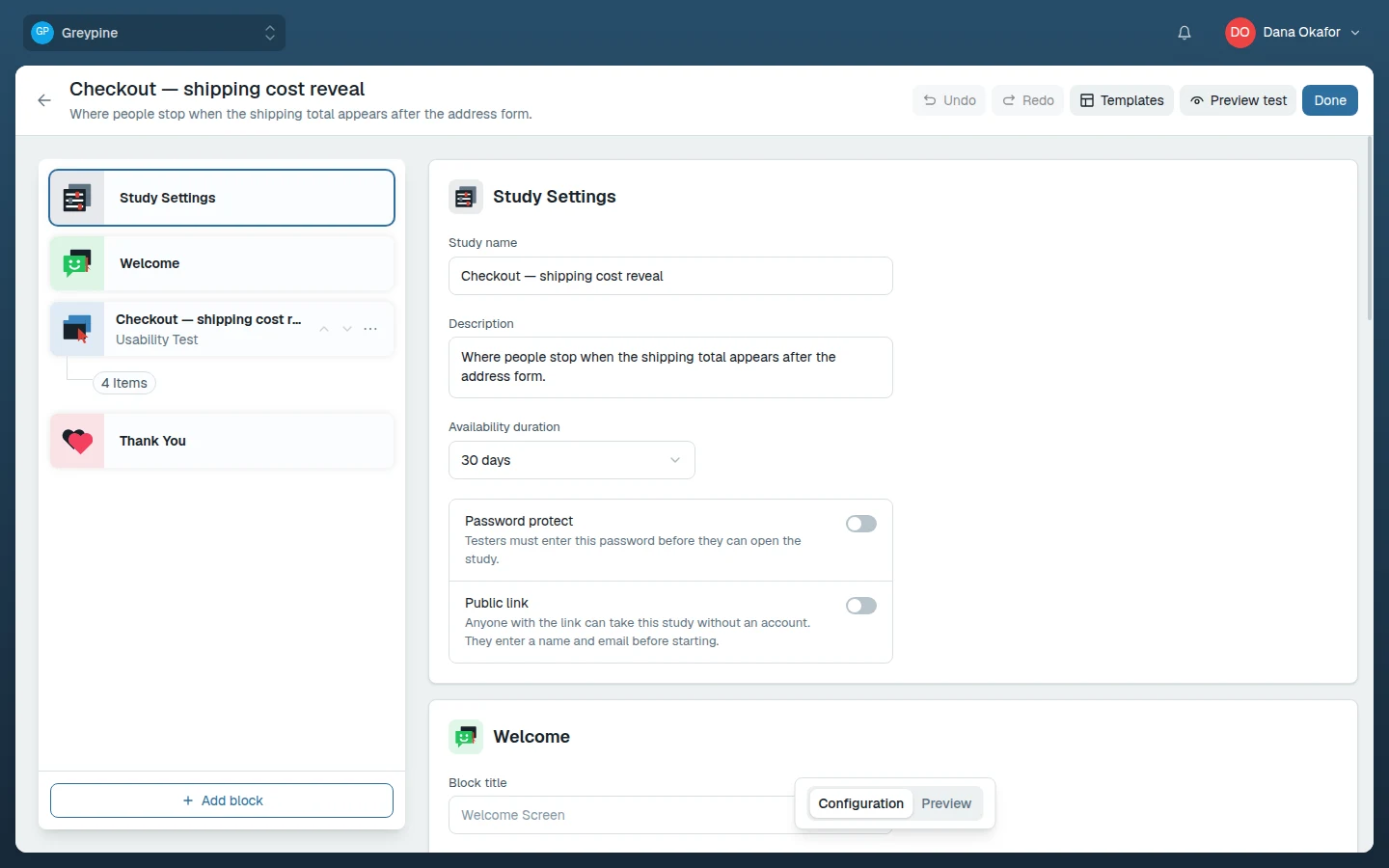 Study builder with block list and configuration panel