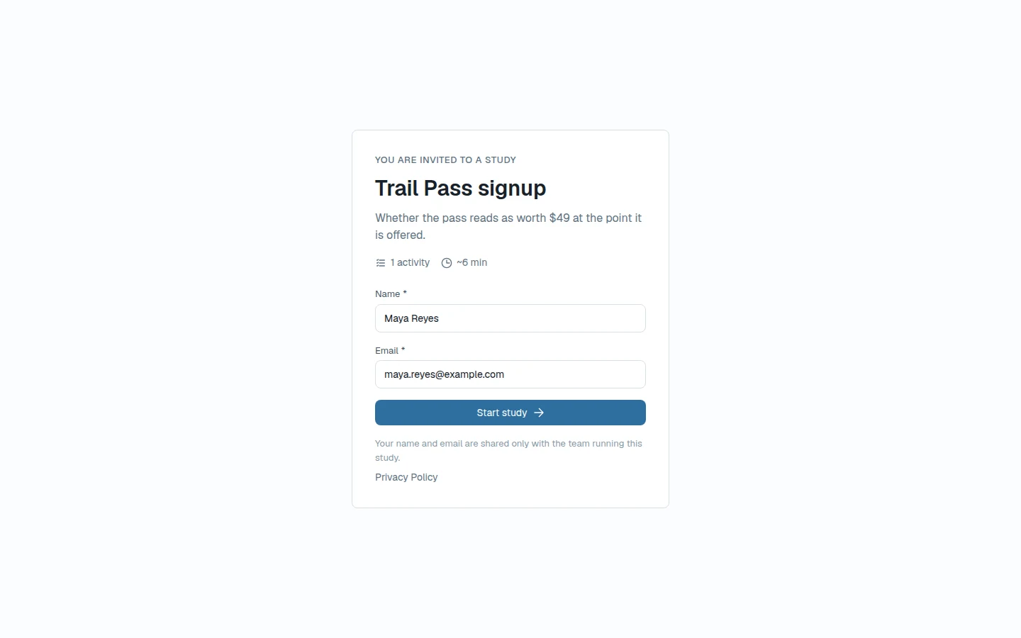 Study start page with name, email, and Start study