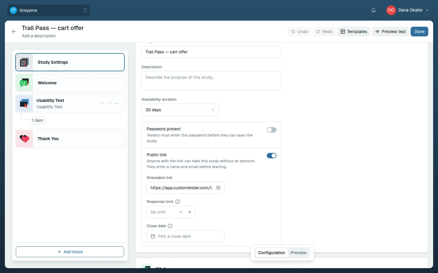 Study Settings with Public link on, showing the Shareable link, Response limit, and Close date