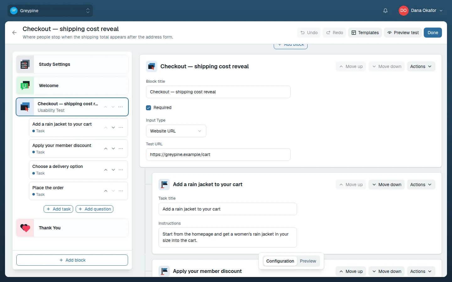 Usability test block configuration with task list