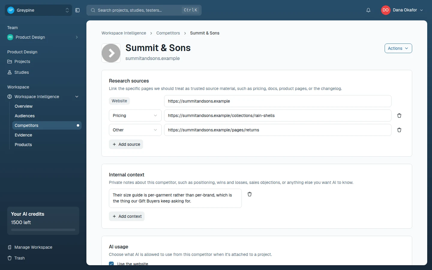 Competitor entry with research sources