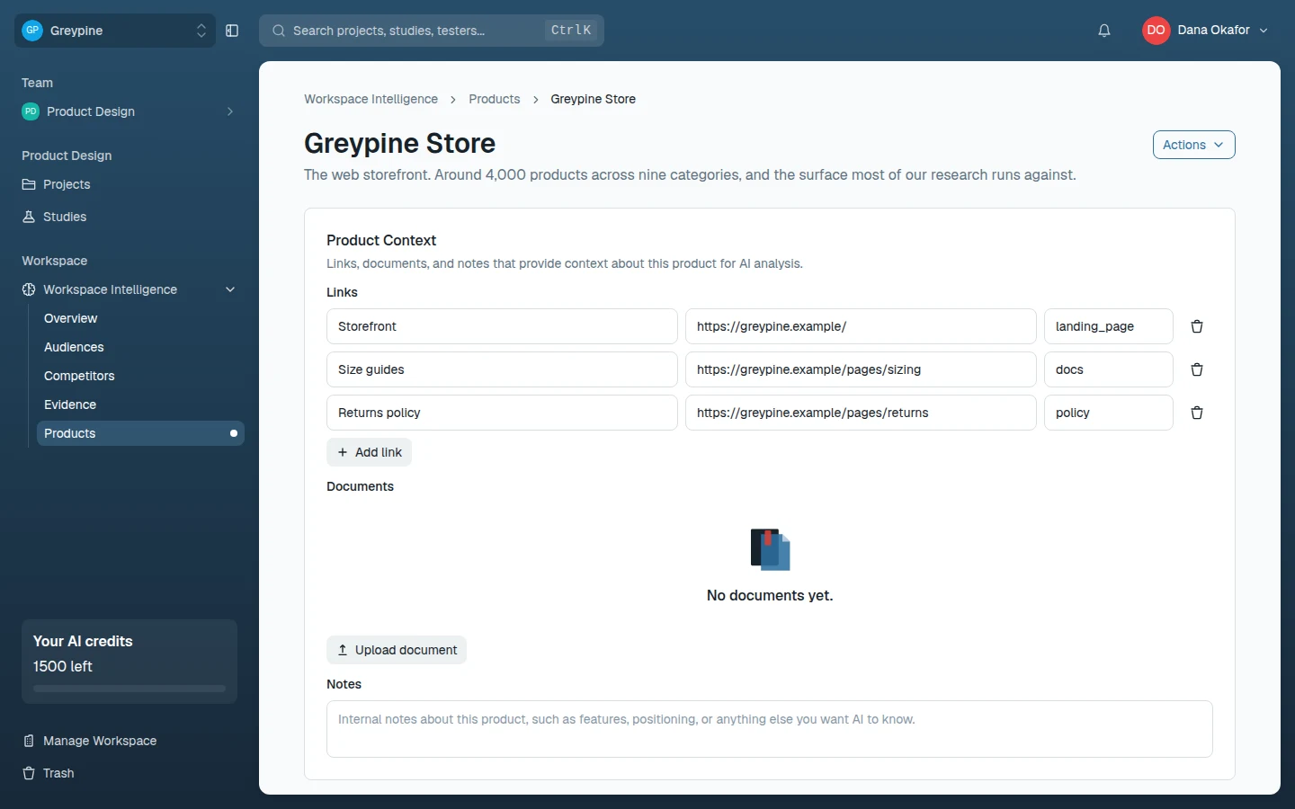 Product page with links, documents, and notes